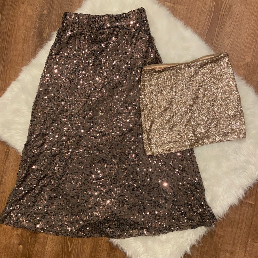 Forever XXI Merona Sequin Mini and Maxi Skirt Gold Gunmetal Copper S Small